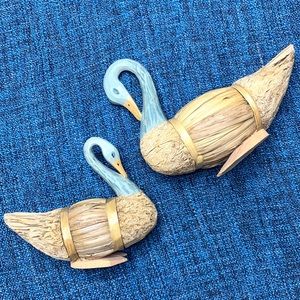Vintage Hand Carved Wood Figurines Straw Set of Two Birds Made in Philippines